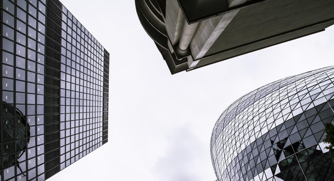 London skyscrapers as viewed from the street.