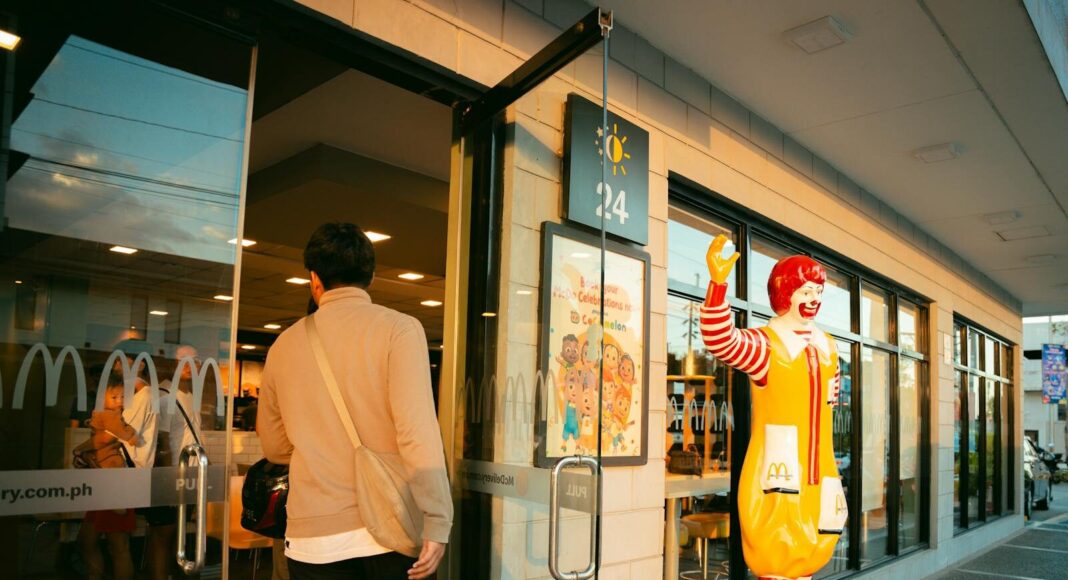 A man in casual attire enters a McDonald's restaurant, past a Ronald McDonald statue, during daylight.