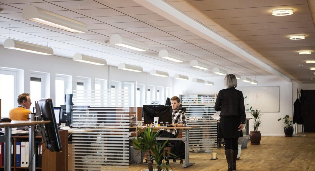 People working in an open-plan office.
