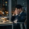A businessman in a suit sits stressed at his office desk at night, highlighting exhaustion.