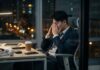 More than a quarter of UK workers ‘lose three weeks of annual leave’ as burnout fears grow A businessman in a suit sits stressed at his office desk at night, highlighting exhaustion.