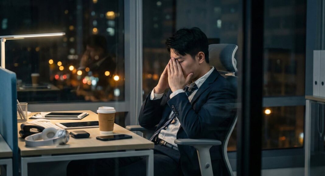 A businessman in a suit sits stressed at his office desk at night, highlighting exhaustion.