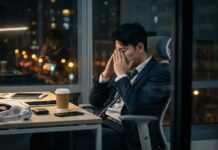 More than a quarter of UK workers ‘lose three weeks of annual leave’ as burnout fears grow A businessman in a suit sits stressed at his office desk at night, highlighting exhaustion.