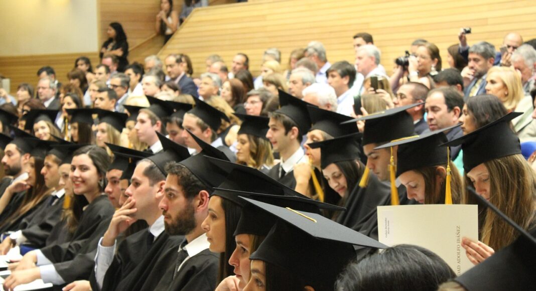 Students at a graduation ceremony.