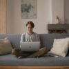 Man sitting on a couch using a laptop in a home setting.