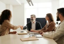 UK HR growth and DEI policies ‘costing firms £10bn a year’ People sit around an office table.