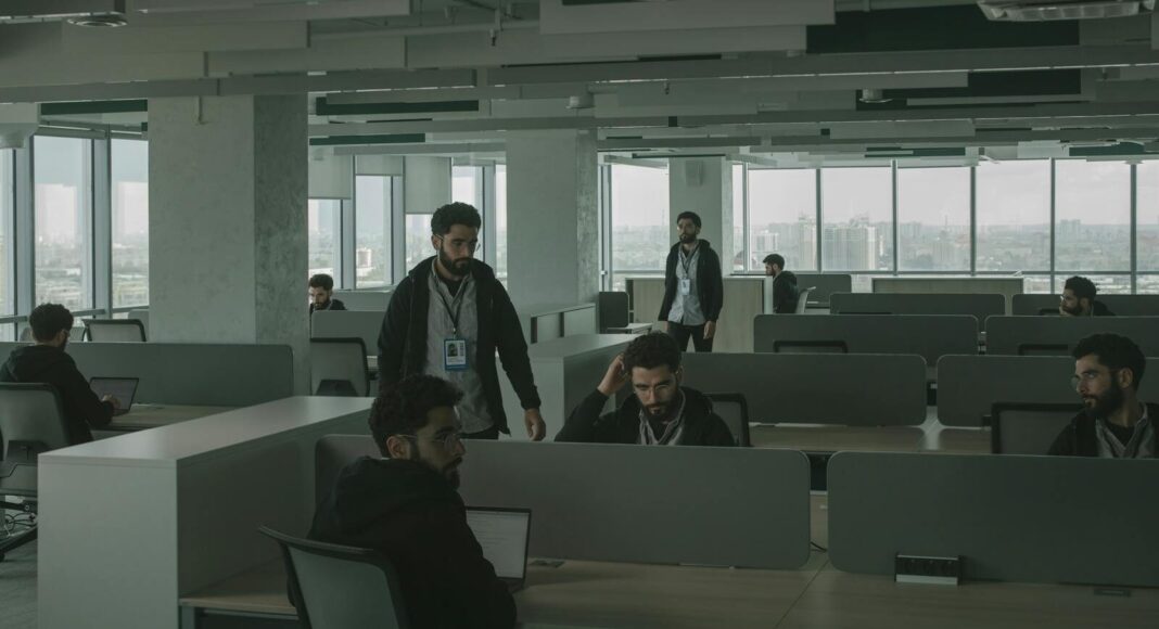 People working in an darkened open-plan office.