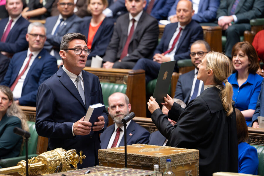 Newly elected MP Andy Burnham being sworn in at parliament on Monday.