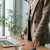 A professional businesswoman in a stylish office environment with a laptop and notes.