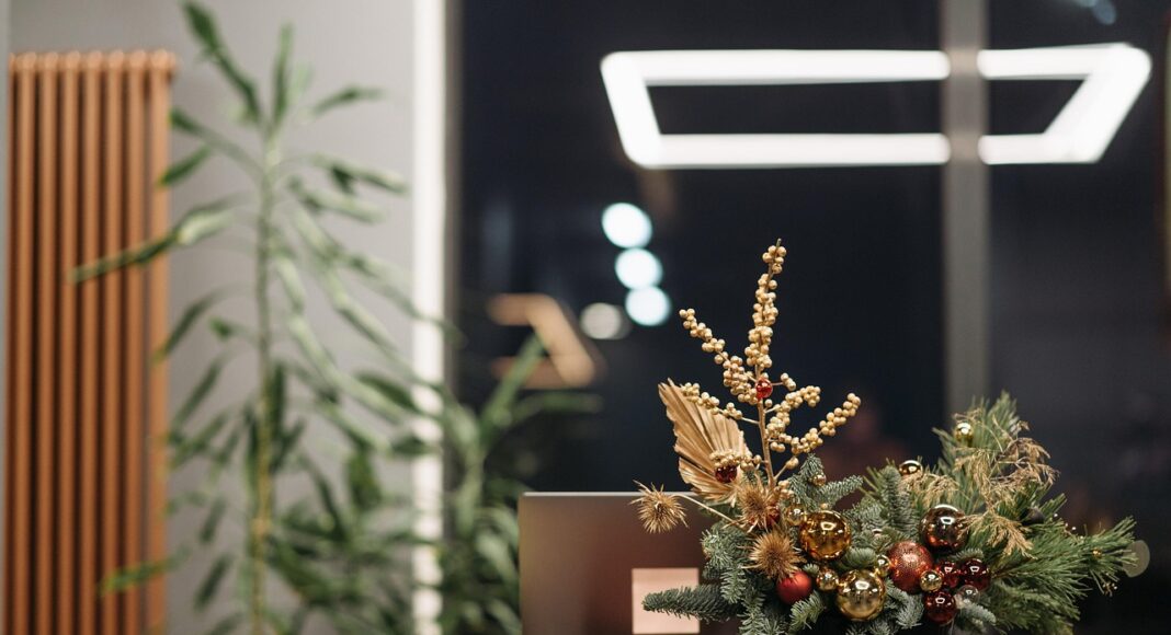 A Christmas decoration in an office.