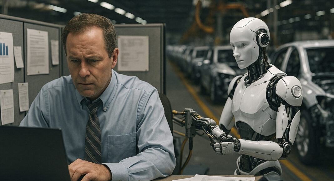 A man works on a laptop with a robot beside him.