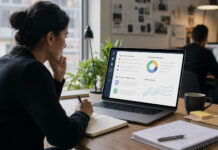 AI Coaching Won’t Replace Managers. It Will Expose Coaching Debt. A woman looks at a computer screeen in an office.