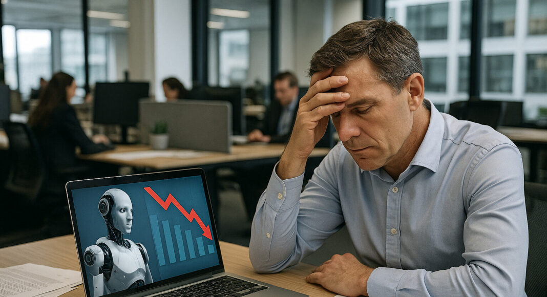A worker with his hand on his head and beside a laptop displaying an AI image.