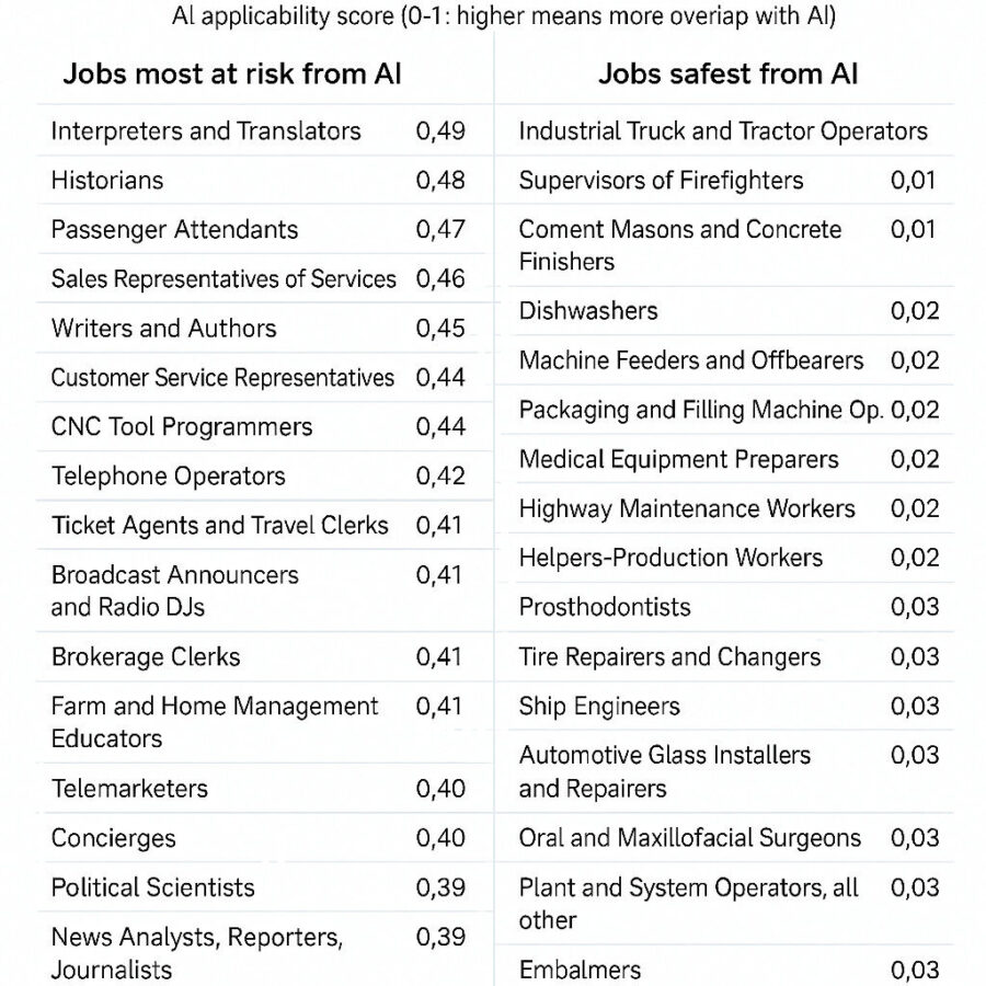 A list of jobs at risk from AI and those that are safe.