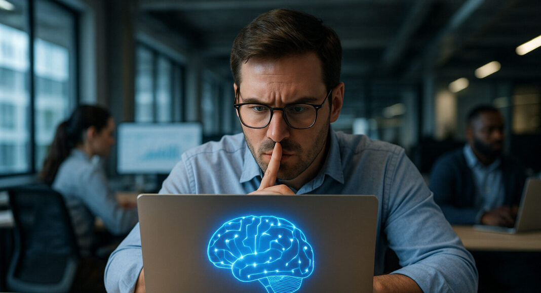 A man ponders something while working at a laptop in an office.