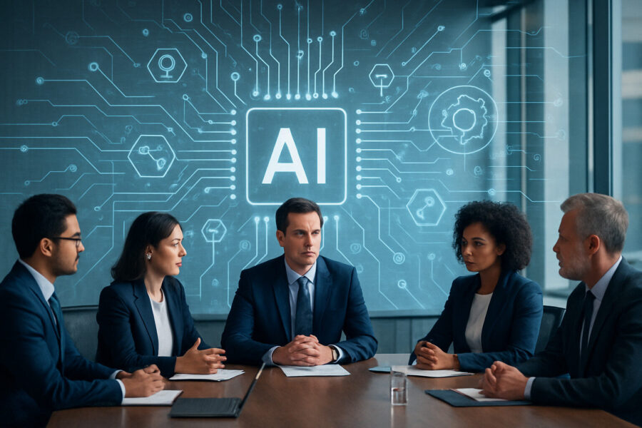 AI-boards Board members sitting around a table with AI graphics in the background.