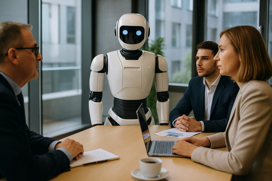 An image showing staff around a table with a robot boss.