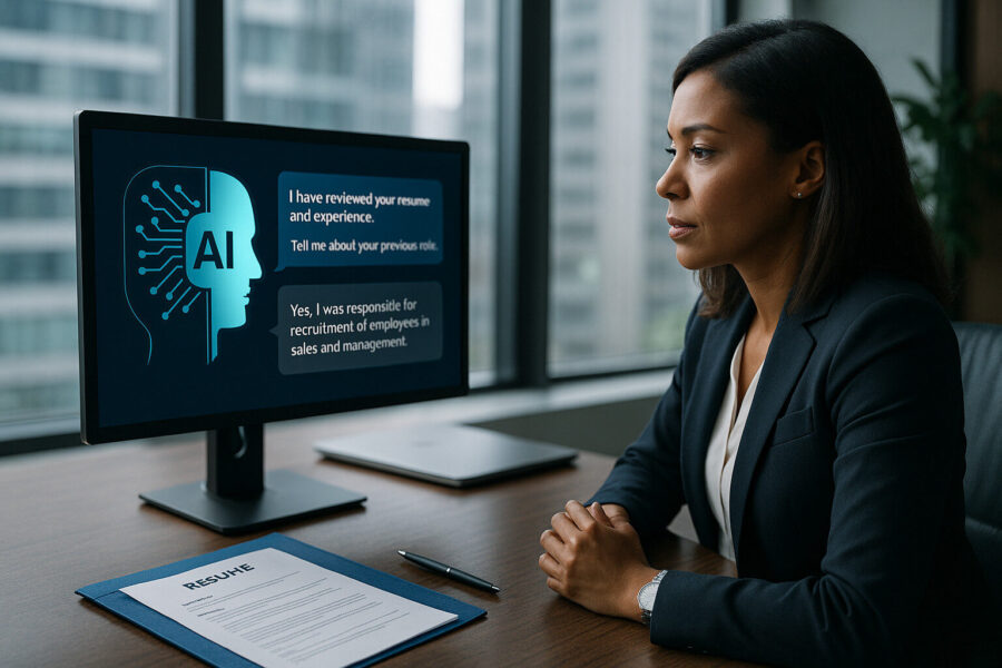 A woman sits in front of a computer screen displaying an AI recruitment programme.