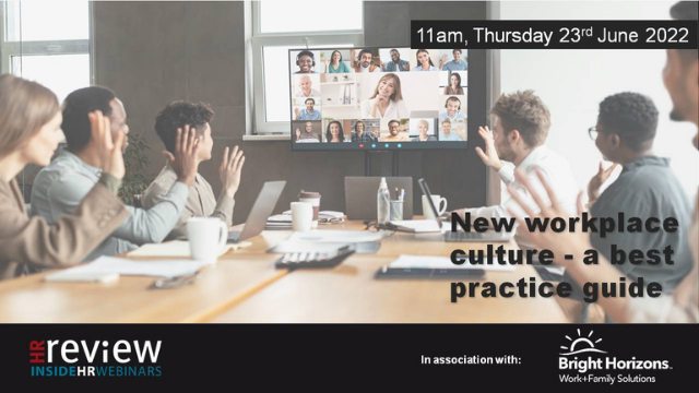 A group of six people in a meeting room participate in a video conference. Text reads, 'New workplace culture - a best practice guide, 11am, Thursday 23rd June 2022.' Bright Horizons logo visible.