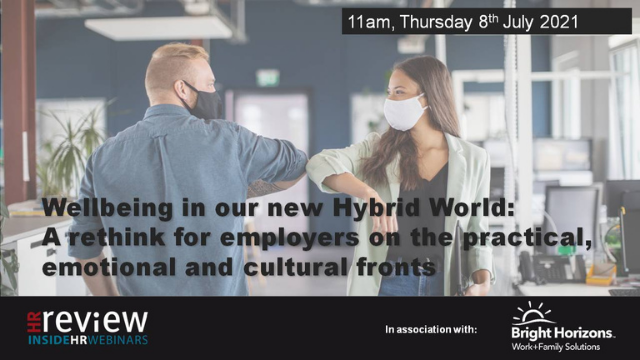 Two masked individuals elbow bump in an office with informational text overlay about a Human Resources webinar on employee wellbeing in a hybrid work environment, scheduled for 11am, Thursday 8th July 2021.