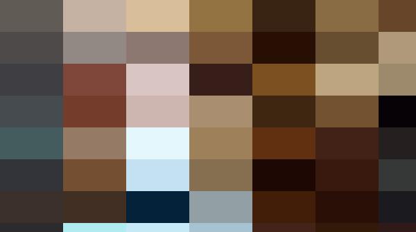 A smiling woman in a striped sweater sitting at a café table with a blue cup in front of her, with shelves of products and personnel in the background.