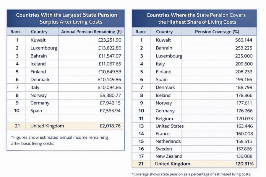 A list of countries and their pensions, including gaps and living costs.