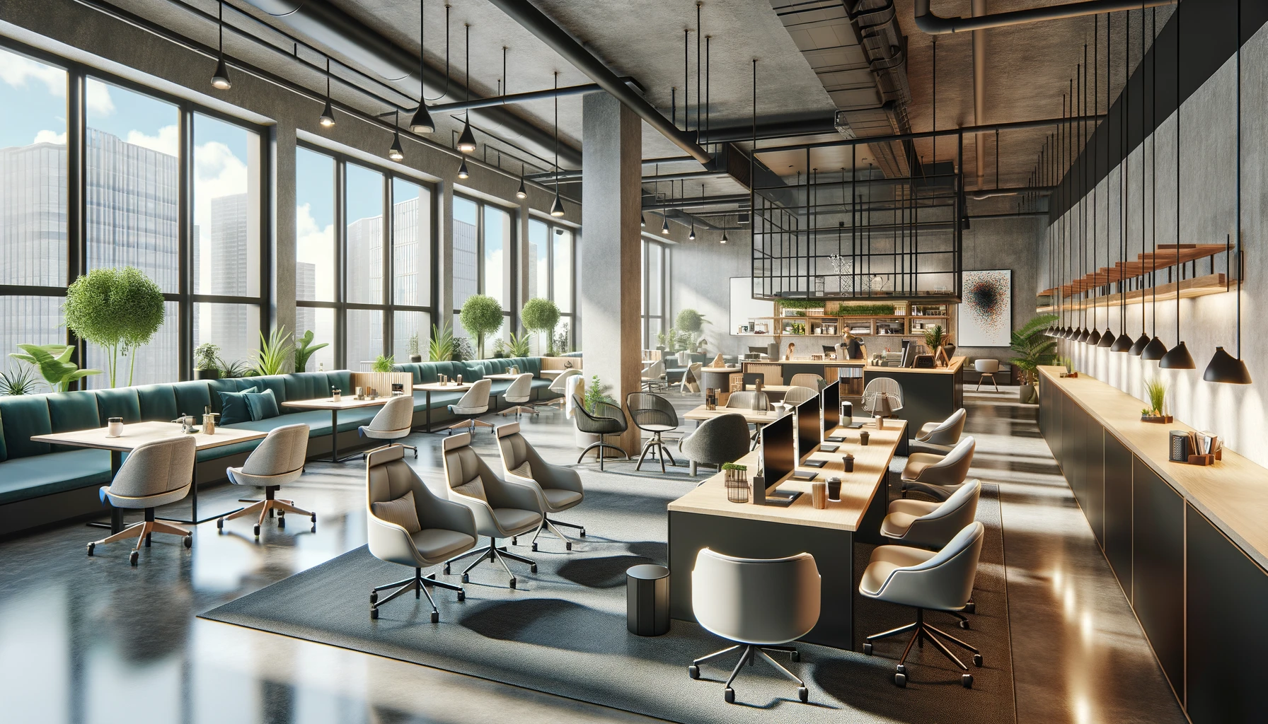 A modern open office space with large windows, desks, chairs, and potted plants. The workspace features a lounge with teal sofas and a bar counter under hanging lights. Tall buildings are visible outside.