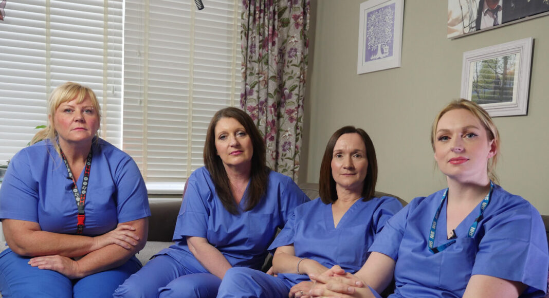 Nurses involved in the tribunal sit on a sofa.