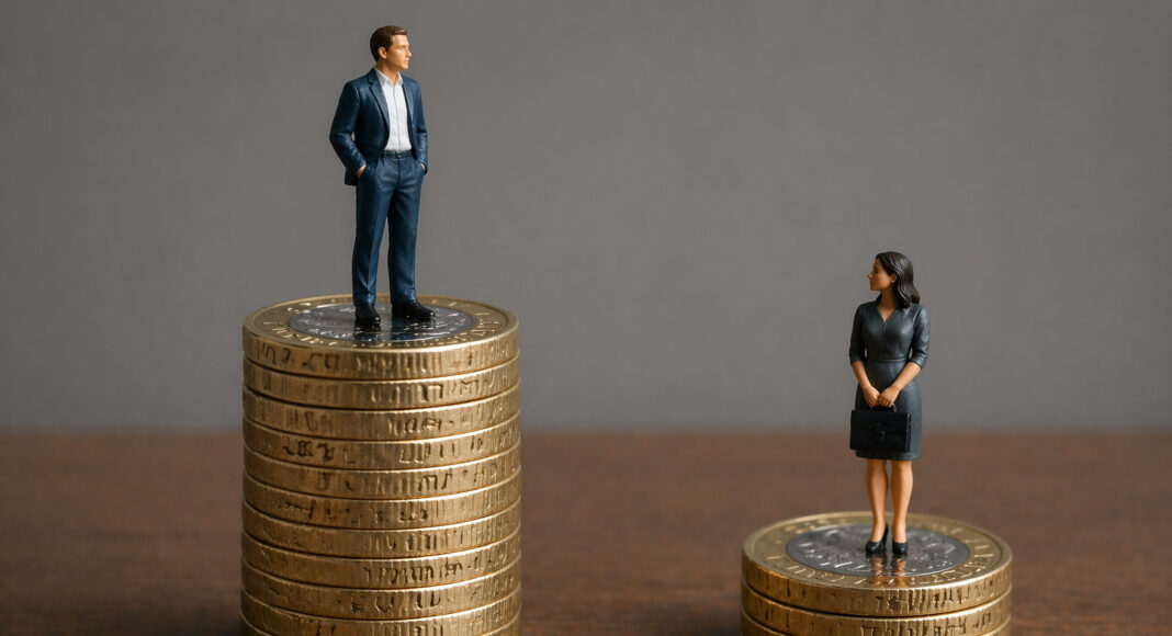 Figurines of a man and woman standing on top of a stack of British coins, the man's taller, demonstrating the gender pay gap.