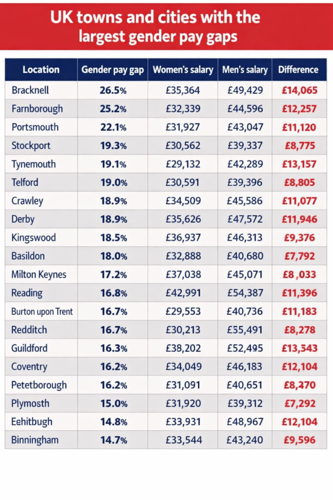 A table showing gaps in pay among men and women in towns and cities around the UK.