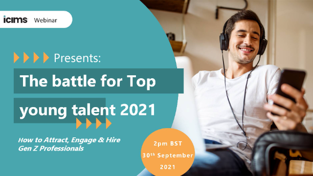 A man wearing headphones and looking at his phone is on the right; text on the left reads: 