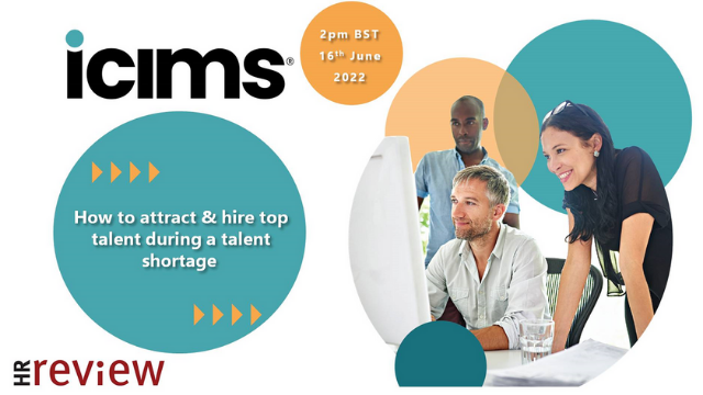 A promotional image for an iCIMS event on hiring top talent during a talent shortage, scheduled for June 16th, 2022, at 2 pm BST. Features three people looking at a computer screen.
