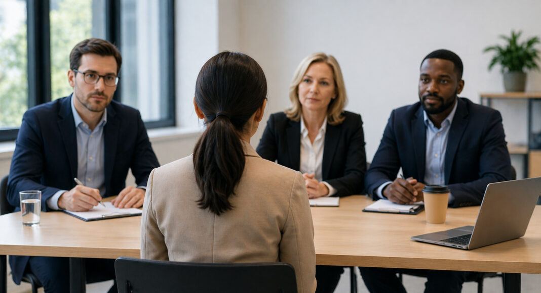 A woman sits before three people during a job interview.