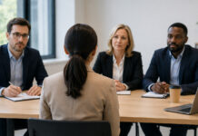 Fears of AI cheating in hiring ‘overblown’ as employers urged to rethink assessments A woman sits before three people during a job interview.