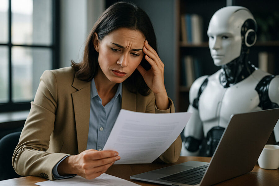 L&D A worried-looking woman at an office desk and beside a robot.