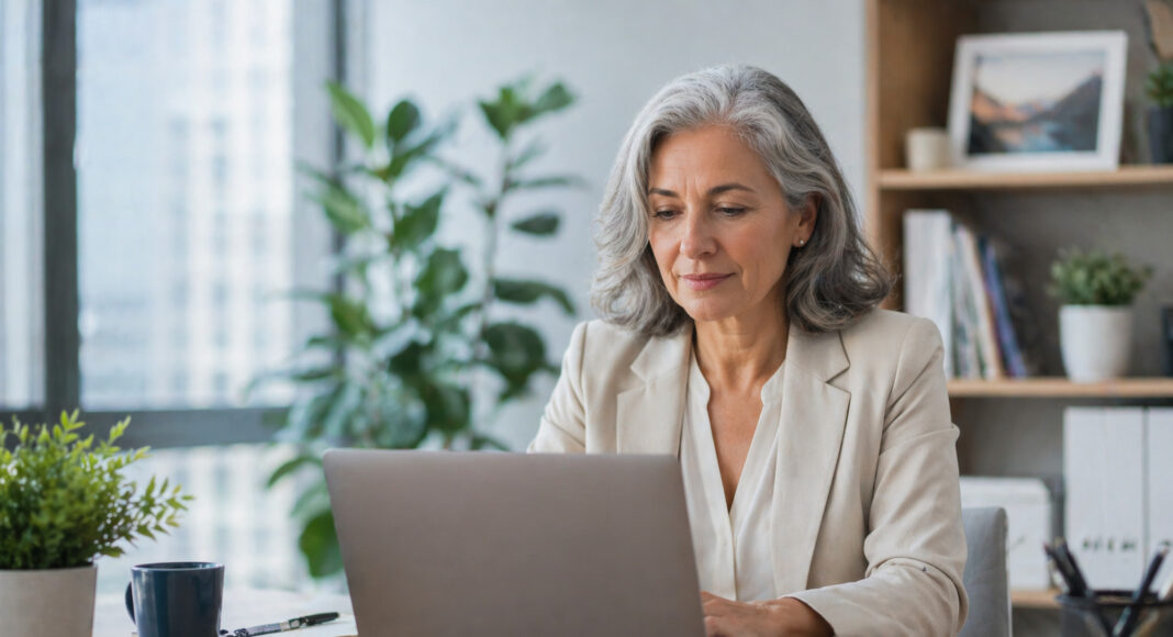 An older woman works at a laptop in an office.