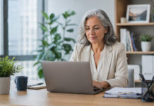 Menopause support gaps push women out of jobs as ‘masking’ takes toll An older woman works at a laptop in an office.