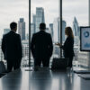 Businesspeople look out of an office window.