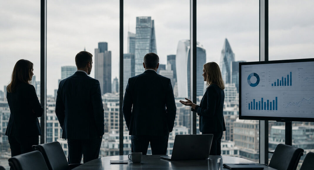 Businesspeople look out of an office window.