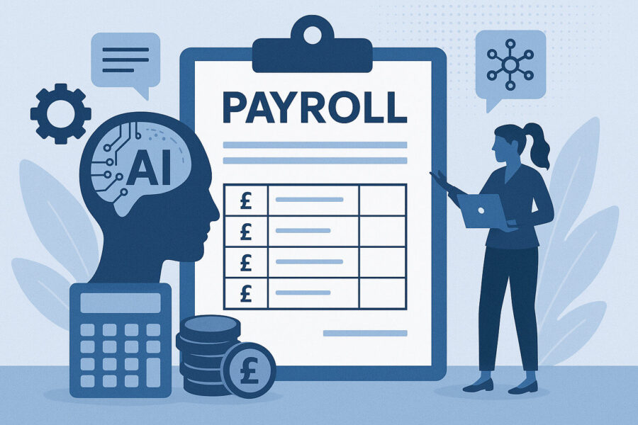 A graphic featuring a payroll sheet, AI and a woman.