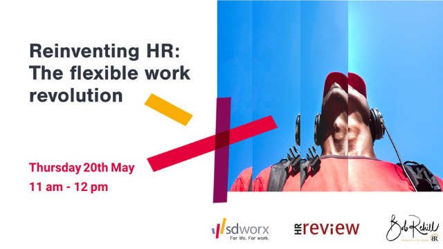         Promotional banner for an event titled “Reinventing HR: The flexible work revolution” scheduled for Thursday, 20th May, from 11 am to 12 pm, featuring SD Worx and HR Review branding. Join us to explore the future of human resources in the evolving workplace.