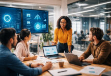 Tech change ‘boosts engagement’ as staff adapt to AI People talking around a desk in an office.