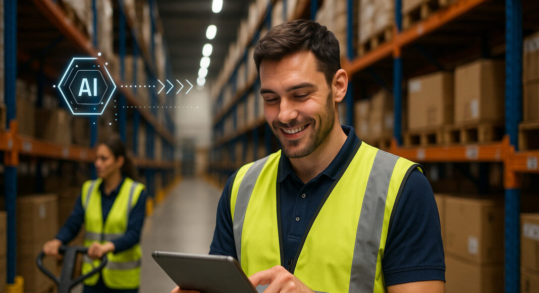 A man and woman working in a warehouse, with the man using a tablet computer.
