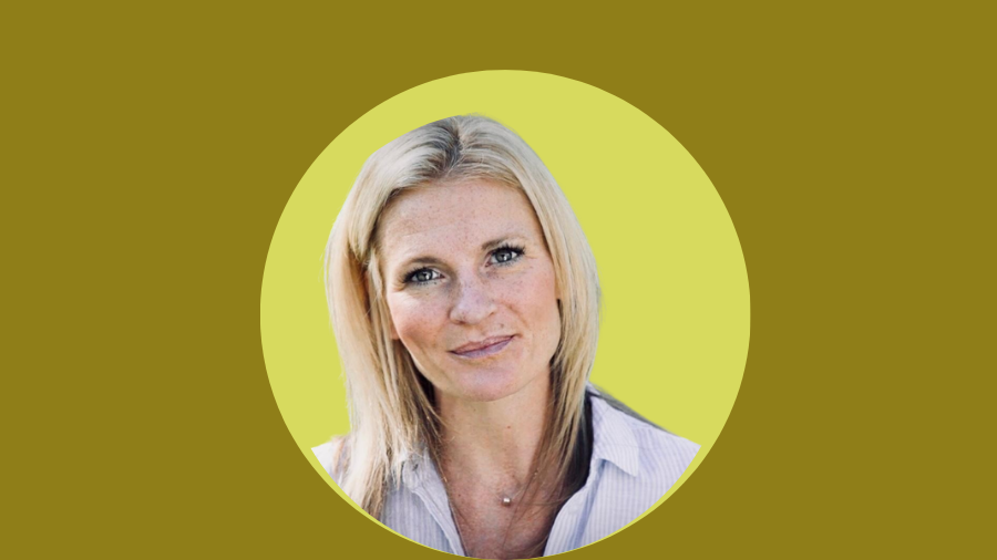 Portrait of a person with long blonde hair, wearing a light-colored shirt, set against a yellow and olive green background that subtly addresses the hybrid working stigma.
