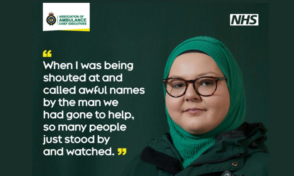 A person wearing glasses and a green headscarf stands against a dark green background. Quote text reads, 