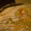 Close-up of a vintage globe showing Europe.