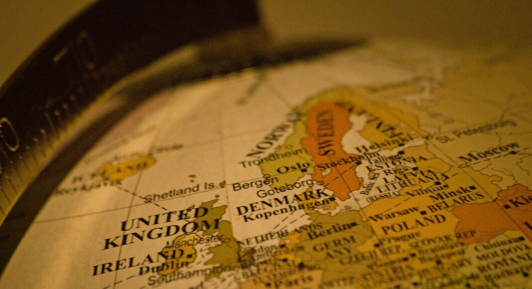Close-up of a vintage globe showing Europe.