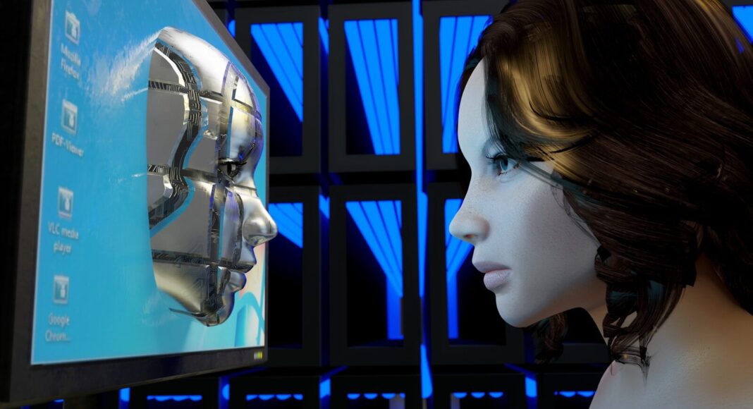 A female mannequin looks at a computer screen with the head of a robot emrerging from it.