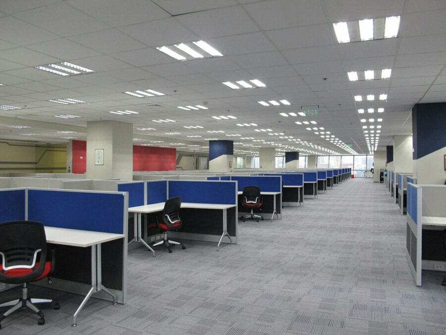 Empty office cubicles.