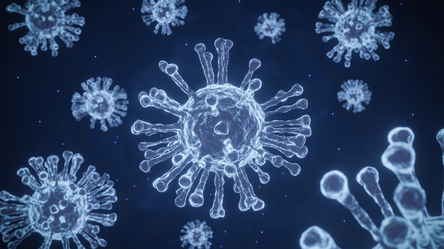 Illustration of microscopic virus particles with spike proteins on a dark blue background, highlighting the crucial role of covid care workers.
